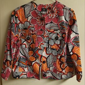 Floral Patterned Jacket with Bold Colors. Pink, Orange, Black And White SIZE 12